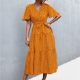 thumbnail image 4 of SWSMCLT Women's Vintage Fall Ruched Cotton Summer Dresses Long Sundress V Neck Short Sleeve Casual Dress Yellow Medium, 4 of 4