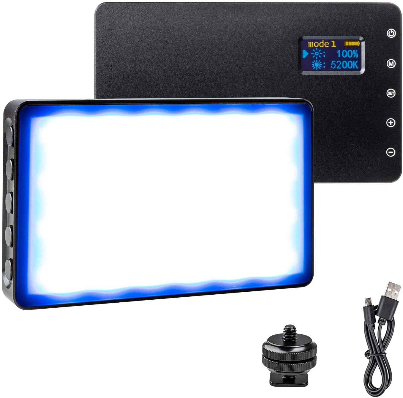 RGB LED Full Color Light，Pocket Camera Camcorder Video Light with Aluminum Alloy Shell OLED Display 2500K-8500K Color Range 360° Full Color 8 Function Modes Built-in Battery 