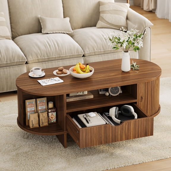 47.2" Oval Coffee Table with Storage – Mid-Century Modern Fluted Wood Center Table Rounded Edge Cocktail Table