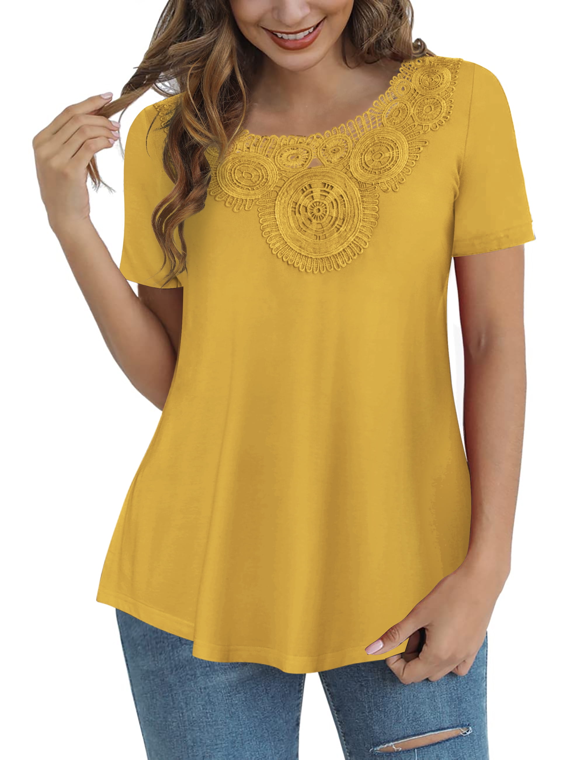 FOLUNSI Womens Plus Size Tops Short Sleeve Shirts Blouses Lace Pleated