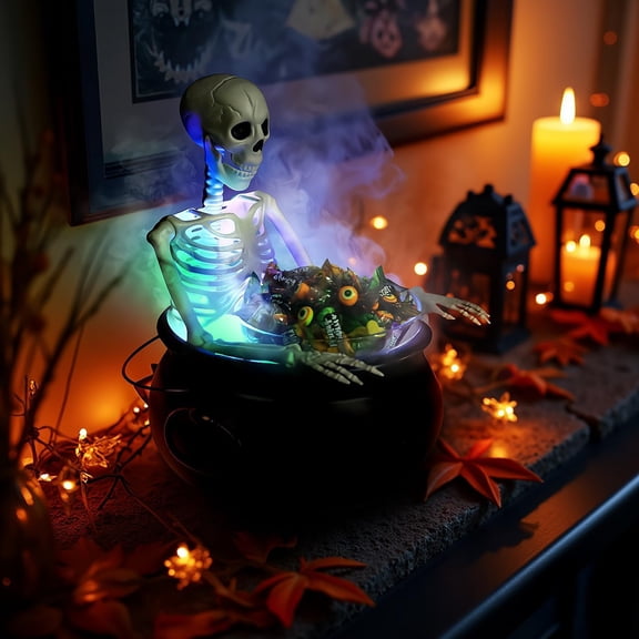 Large Black Plastic Witches Cauldron with Smoke LED Halloween Skeleton Candy Bowl Decoration Indoor Outdoor Party Table Decor