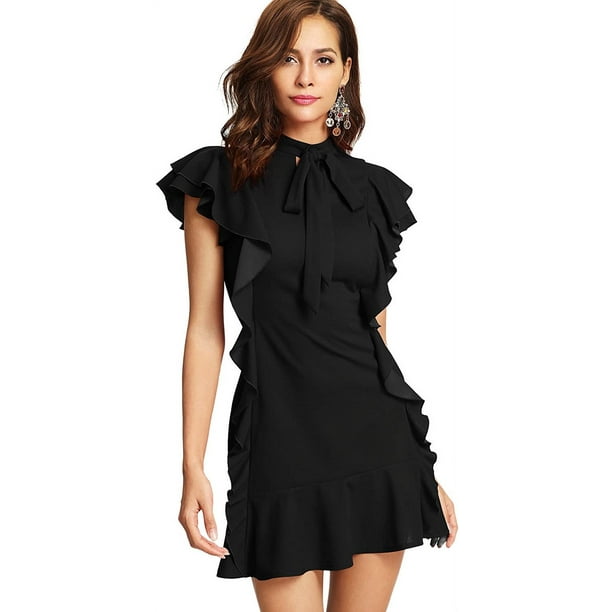 Vestido de cóctel de manga corta con volante en el bajo para mujer con cuello anudado Adepaton WRMH-221-7