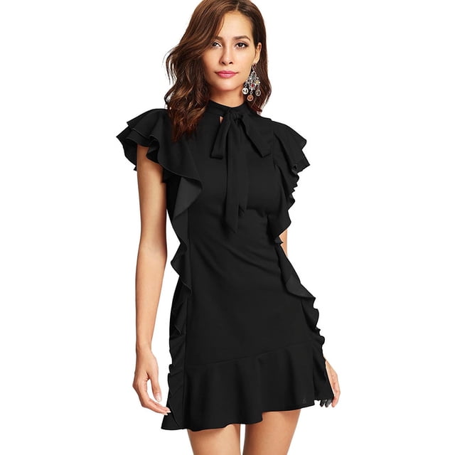 Vestido de fiesta de cóctel con dobladillo con volantes y manga corta con cuello anudado para mujer Zhivalor WRMH-221-7