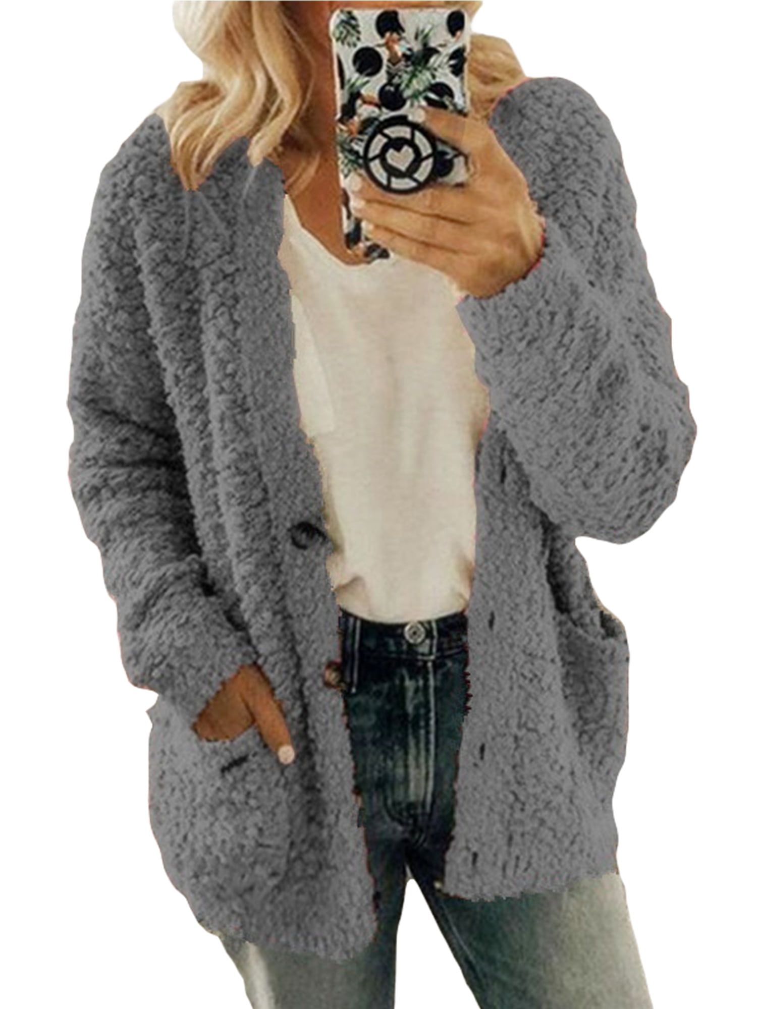 Plus Size Slim Fit Fleece Teddy Coat for Women Fuzzy Full Zip Hooded Sherpa Jacket with Pockets for Winter 