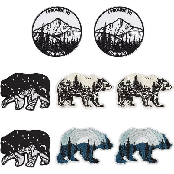 8Pcs 4 Styles Bear and Mountains Outdoor Patch Flat Round Embroidery Patch Iron on Nature Patch Applique Repair Patch for Clothes Bag Pants Hats Shirts Shoes DIY Projects Mixed Color