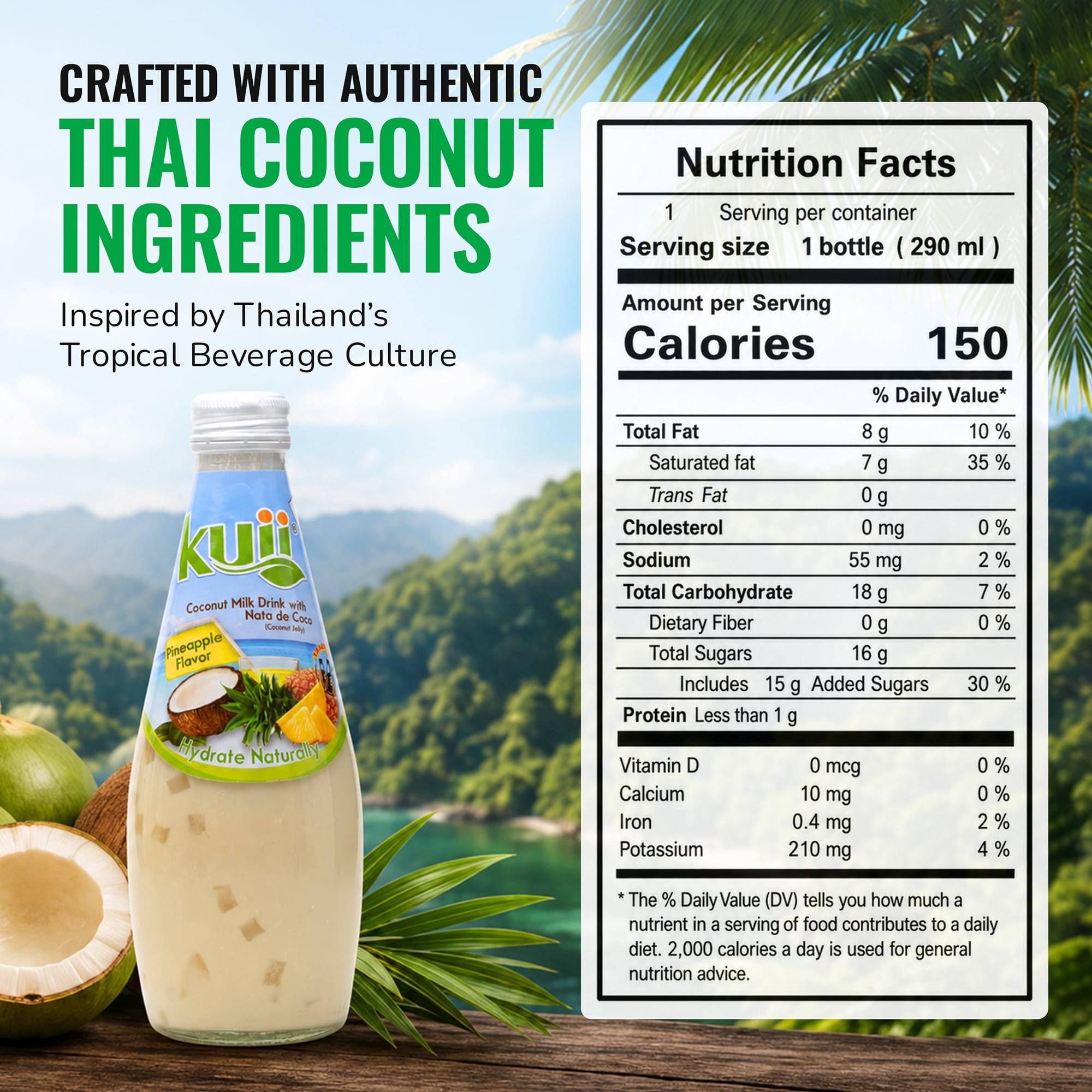 (7 pack) Kuii Drinks Coconut Milk with Nata de Coco, Pineapple, 290 mL Single Glass Bottle