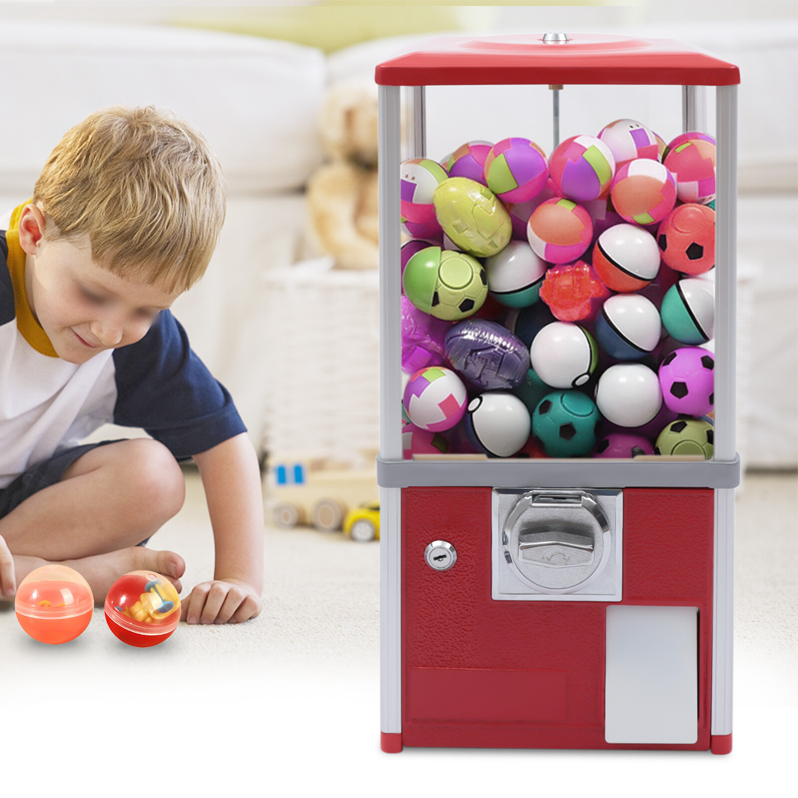 Gumball Machine,Vending Machines for Business,1.77-1.97Inch Ball Diameter,800 Coin Bank Capacity,4 25 Cent Coins,Vending Machine for Selling Capsule Toys Candies (Red)