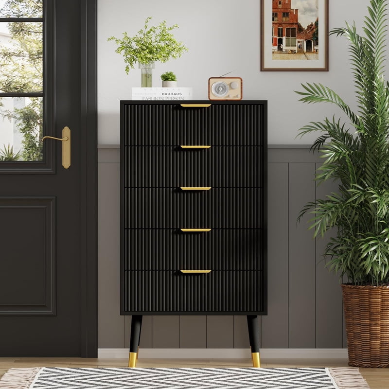 TROPOW 5 Drawer Dresser for Bedroom, Modern Closet Dressers Chest of Drawers, Storage Chest Cabinet Organizer Unit, Small Fluted Nightstand for Bedroom