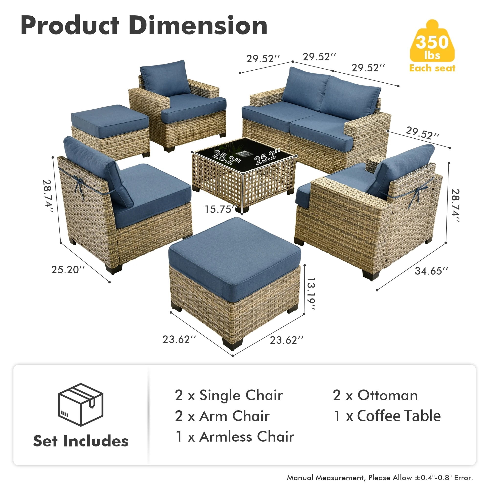 Vcatnet 8 Pieces Outdoor Patio Furniture Sectional Sofa PE Rattan Wicker Conversation Set with Solar Powered Coffee Table for Porch, Backyard, Denim Blue