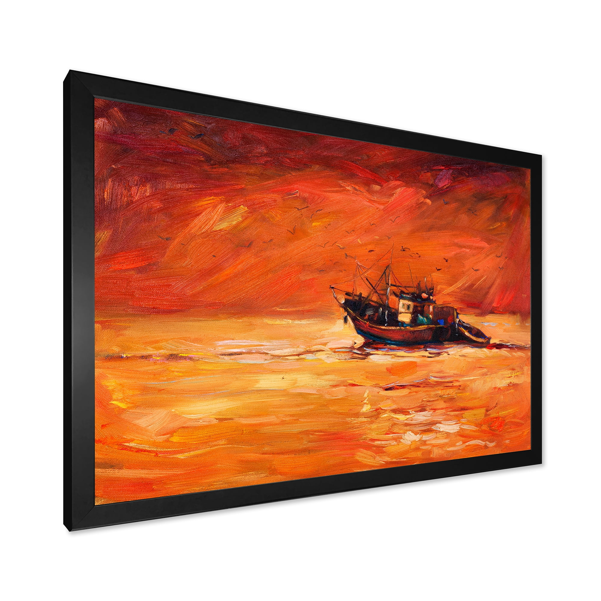Fishing Boat During Red Evening Glow 32 in x 24 in Framed Painting Canvas Art Print, by Designart