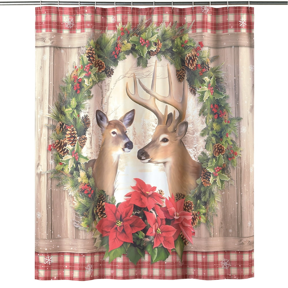 Holiday Barnwood Deer Scene Shower Curtain with Plaid Border Bottom