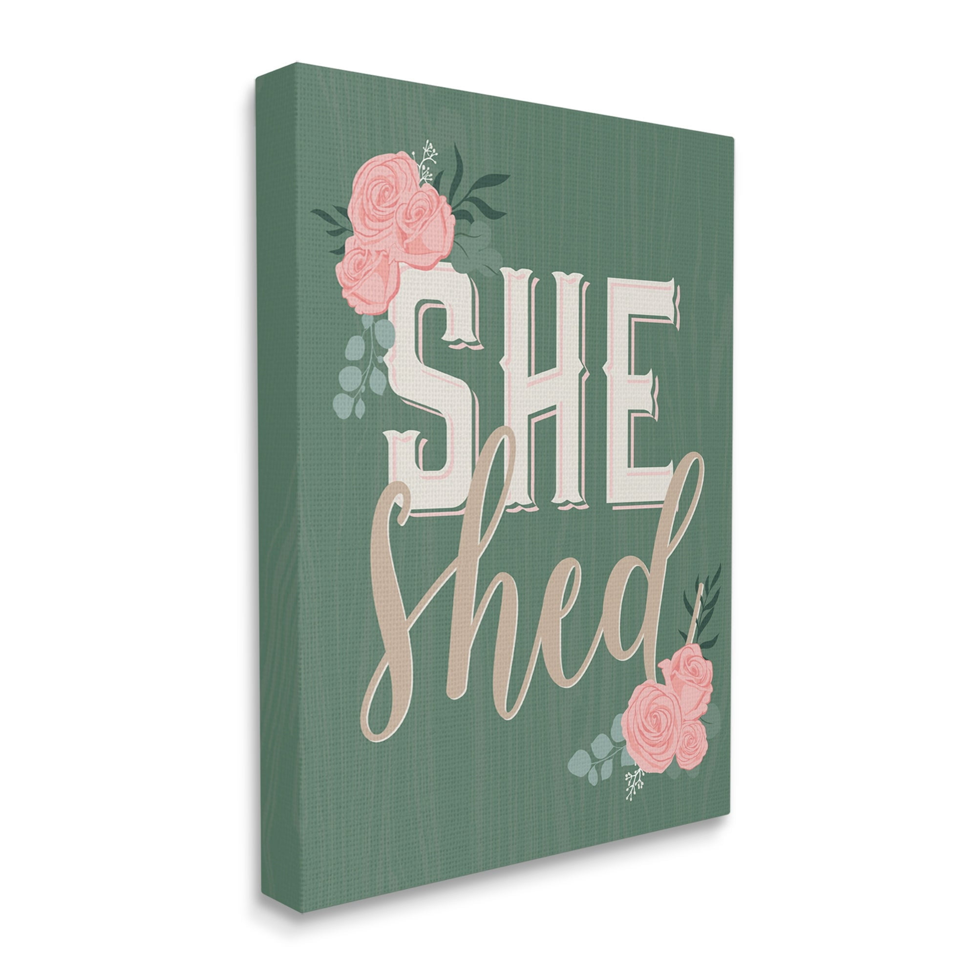 Stupell Industries She Shed Floral Pink Rose Calligraphy Sign Graphic Art Gallery Wrapped Canvas Print Wall Art, Design by Angela Nickeas