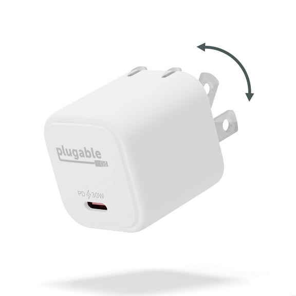 Plugable GaN USB C Charger Block, 30W Portable Charger, Foldable Prongs, PPS USBC Fast Charger for Phones, Tablets and More (Cable Not Included) - White