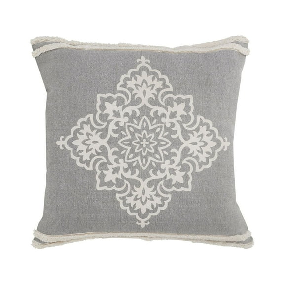 Laddha Home Designs 24" Gray and White Floral Medallion Square Throw Pillow
