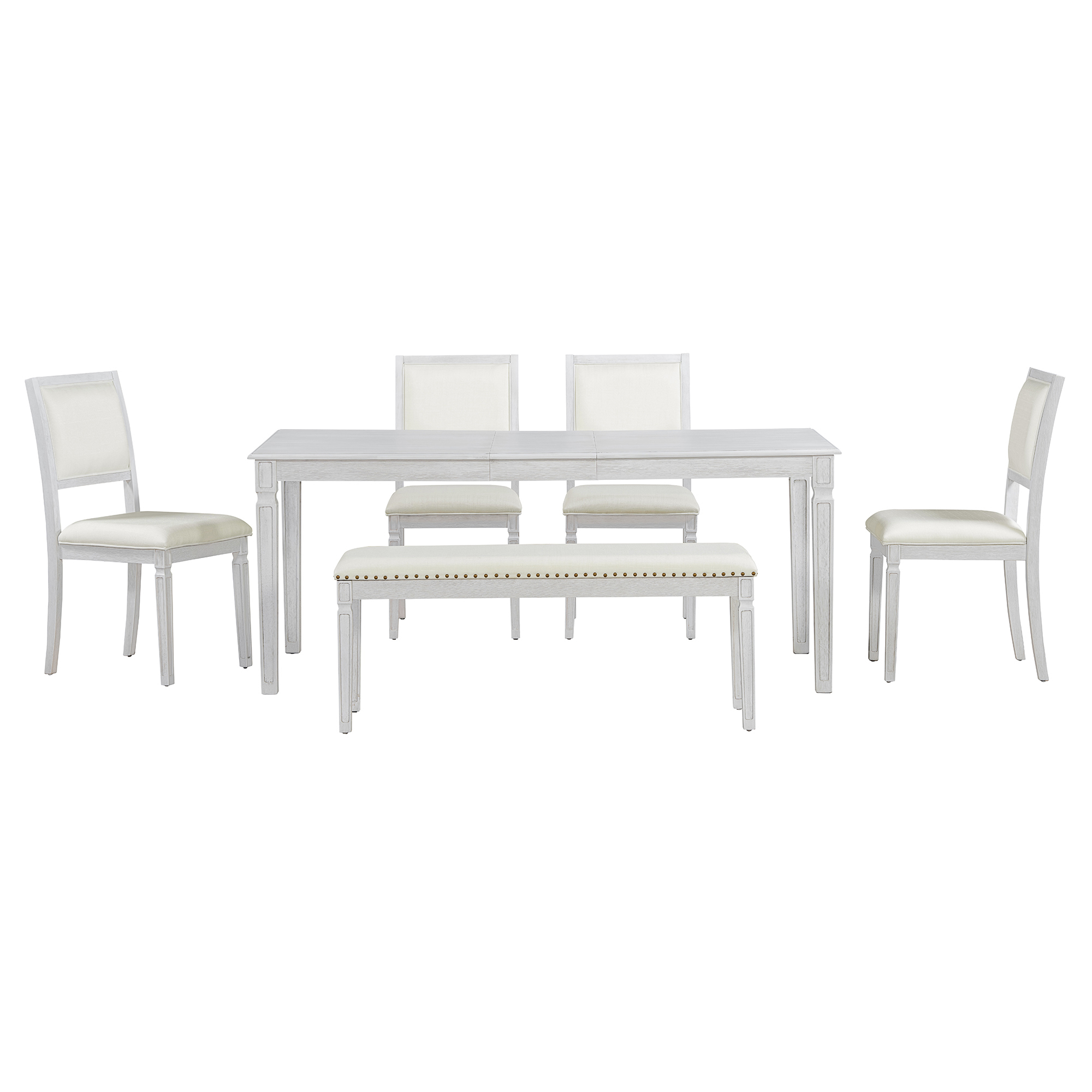 Euroco Farmhouse 6-Piece Dining Table Set for 6, 72" Extendable Kitchen Table with 4 Upholstered Chairs,1 Bench & Carved Legs, Wood Dining Set for Kitchen Living Room,White