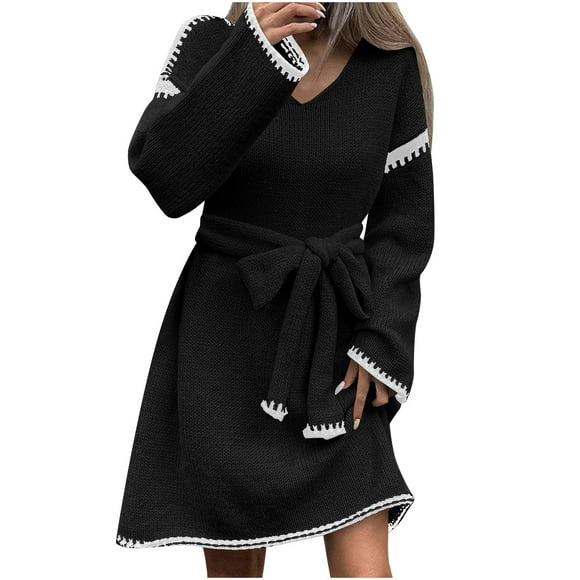 Enjoytime Women's Casual Dresses Patchwork V-Neck Long Sleeve Tie Waist Midi Dress Loose Knit Winter Fall Wedding Guest Dresses for Women Black Free Size