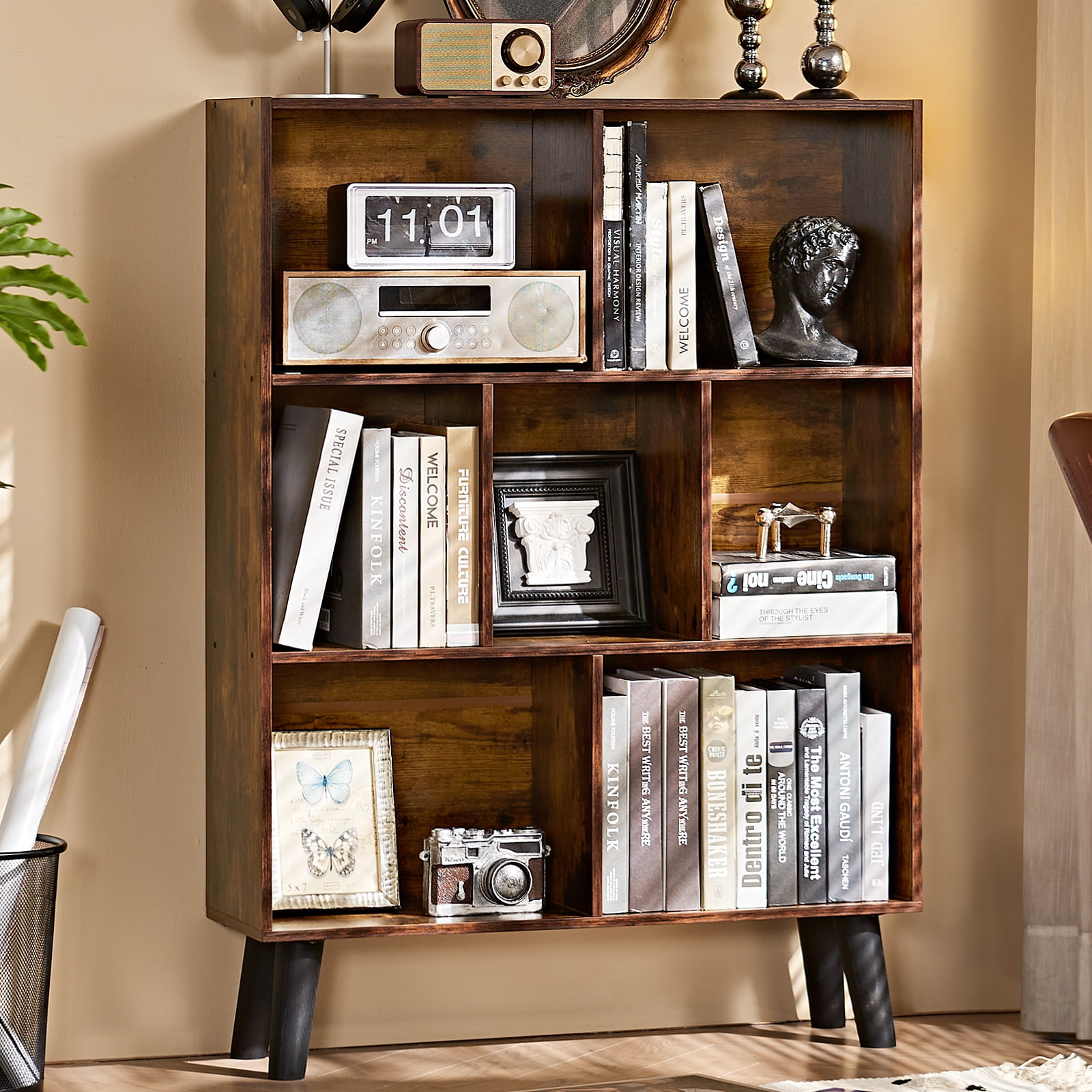 LELELINKY 7 Cube 3-Tier Open Wooden Bookshelf, Toy Shelves Bookshelves,Wood Display Bookcases, Brown