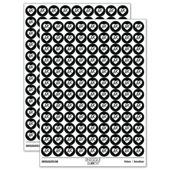 AK Alaska State in Heart 200 Round Stickers - Black - Gloss Finish - 0.50" Size