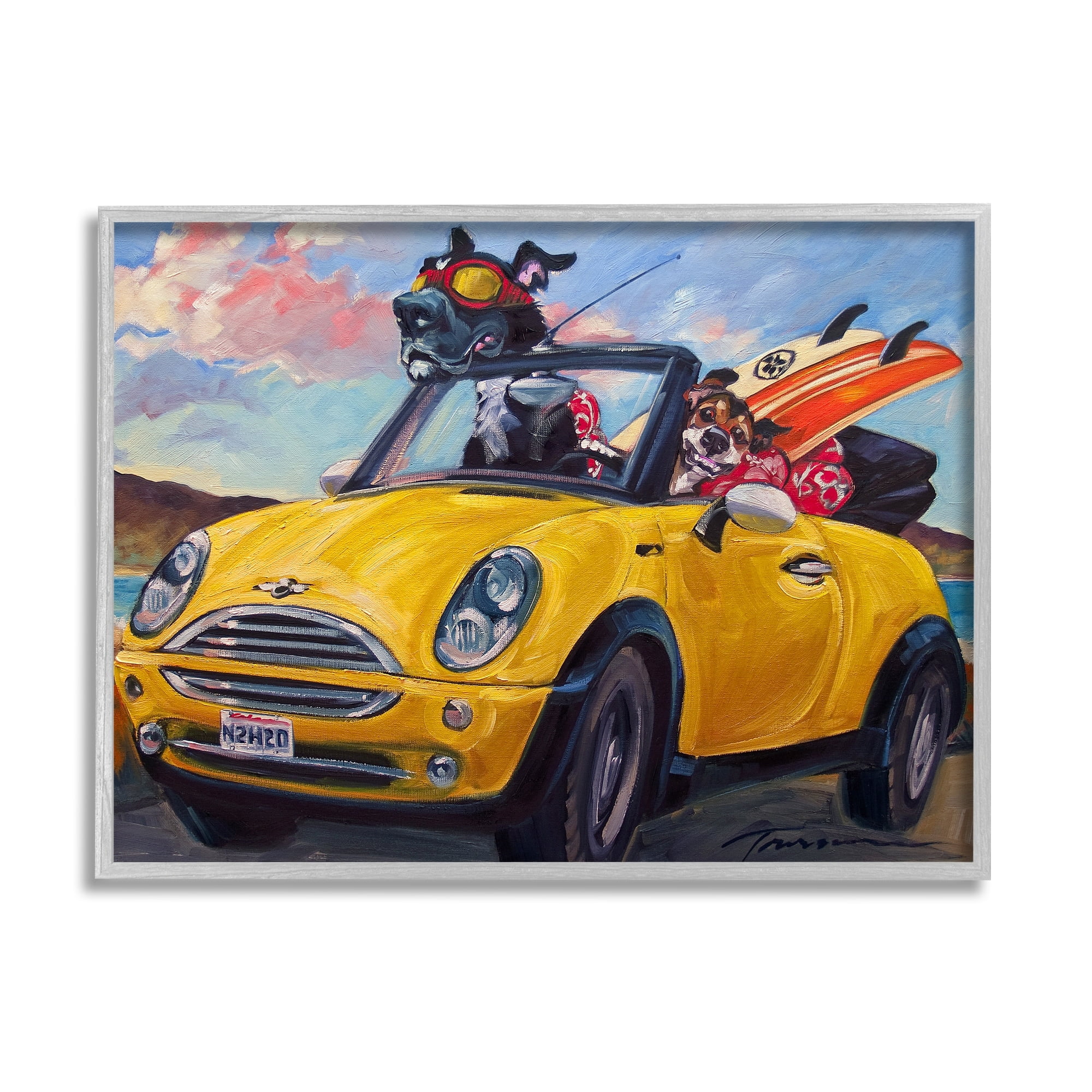 Stupell Industries Pet Dogs Yellow Convertible Surfboard Beach Car, 14 x 11,Design by CR Townsend