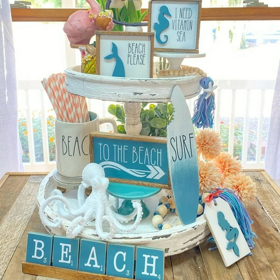 Wood Beach Tiered Tray Sign Decor Beach Coastal House Farmhouse Decor Rustic Mini 3D Wood Kitchen Signs Beachy Mermaid Summer Wooden Decor Inspired Signs Set of 6