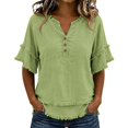 thumbnail image 2 of GILIGEGE Womens Cotton Linen Tops Flowy Summer Gauze Fringe Shirts Retro Short Sleeve V Neck Shirts Raw Hem Loose Beach Clothes，Frayed Henley Shirt Boho Tunic Blouse Light Green XL, 2 of 8
