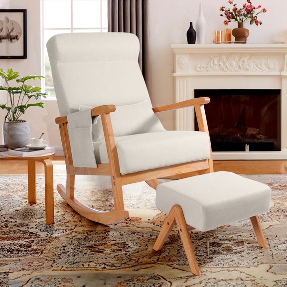NOBLEMOOD Burlywood Upholstered Rocking Chair with Pillow, Side Pocket