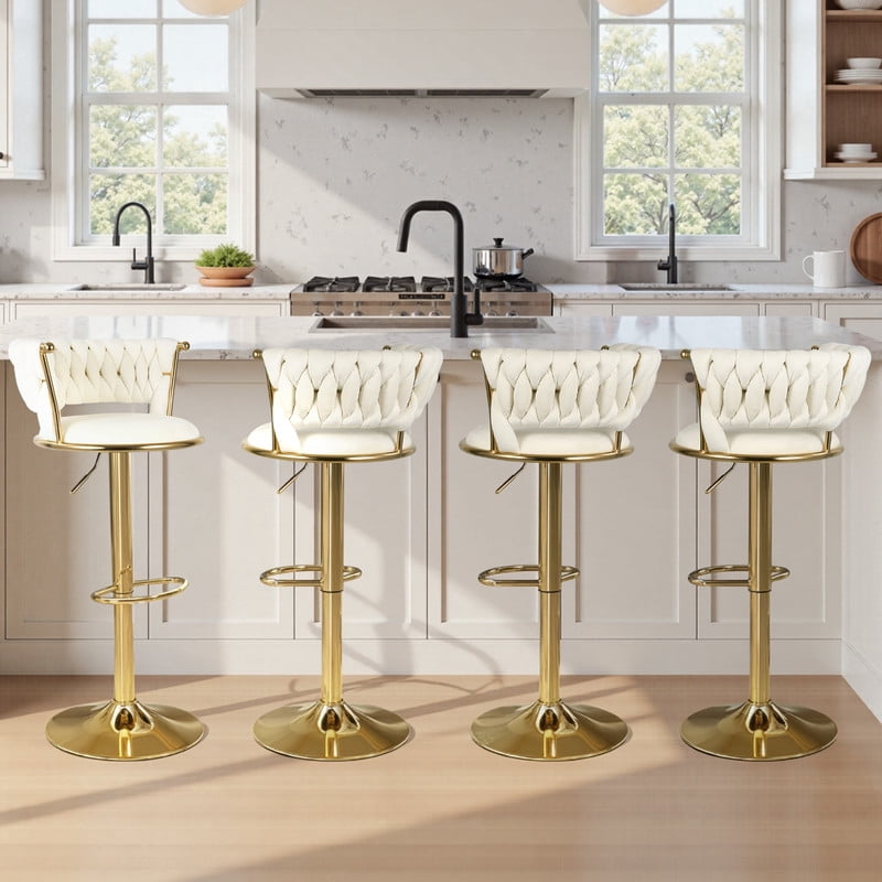 Hawsaiy Modern Velvet Bar Stools Set of 2, Adjustable Height Woven Back Bar Chairs with Footrest and Swivel for Kitchen Island & Dining Room, Beige