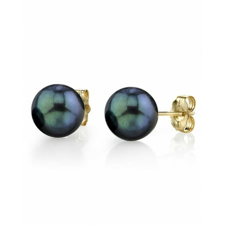 18k Brilliant Cut Stud - 18K Gold 8.0-8.5mm Black Akoya Cultured Pearl Stud Earrings - AAA Quality
