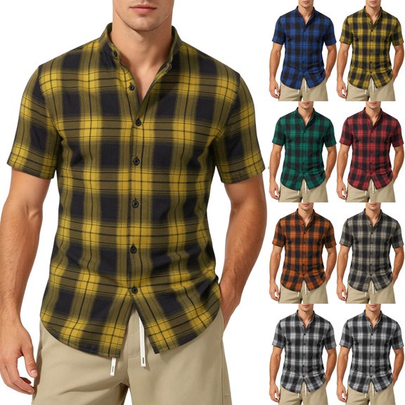 Xcmzpl Men's Banded Collar Plaid Shirt Short Sleeve Casual Button Down Shirts Vintage Color Block Stand Collar Tshirts Yellow L