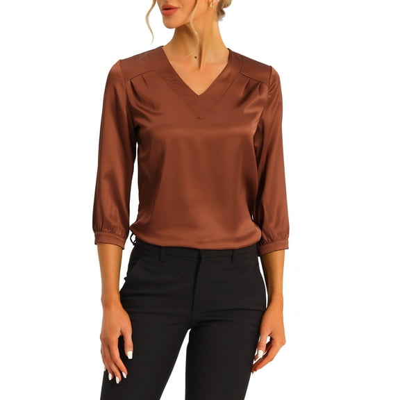 INSPIRE CHIC Women's Satin Blouse Casual Solid Long Sleeve V Neck Top Shirts XL Brown