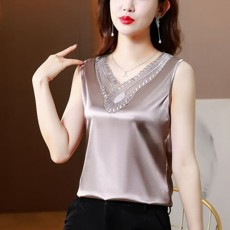 White Tank Top Woman with Built in Bra Racerback Tank Tops for Women Workout V Neck Net Yarn Short Sleeved T Shirt Women s New Summer Fashion Lace Undershirt Design Feeling Satin with A Coat Xxxl