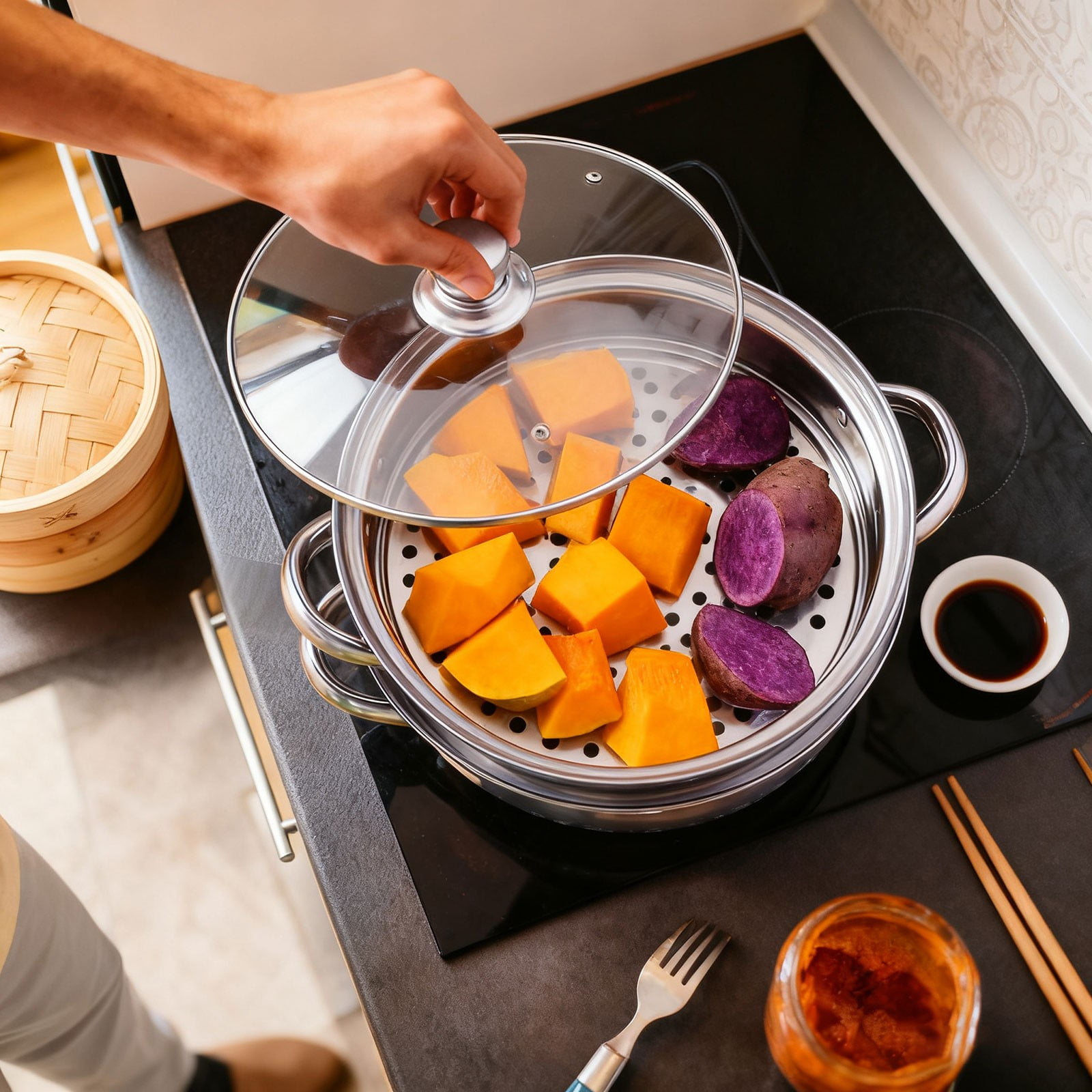 2 Piece Stainless Steel Steamer Pot Set Kitchen Cookware for Food Vegetable Steam Cooking with Double Boiler Saucepot Design