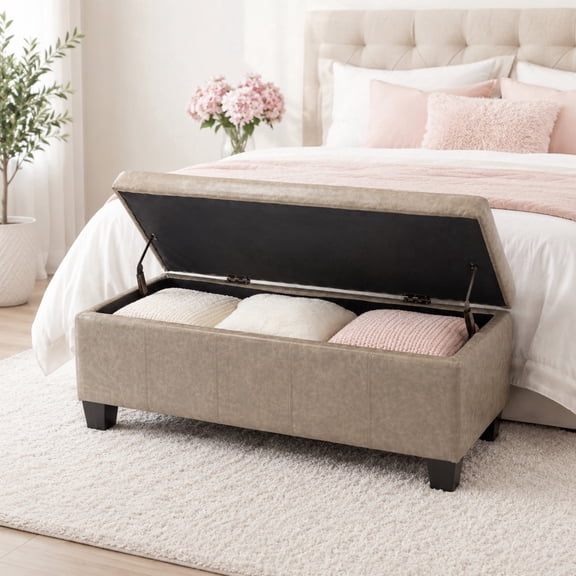Grey Storage Ottoman Bench, Upholstered Storage Bench with Lift Top for Bedroom Entryway