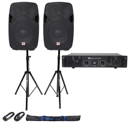 2 Rockville SPGN104 10 800w DJ PA Speakers+Rocville RPA5 1000w Amplifier+Stands