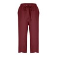 thumbnail image 3 of Bloomae Capri Pants for Women Casual 2025 Summer Drawstring Elastic High Waist Linen Pants Wide Leg Plus Size Lounge Capris with Pockets Wine M, 3 of 6