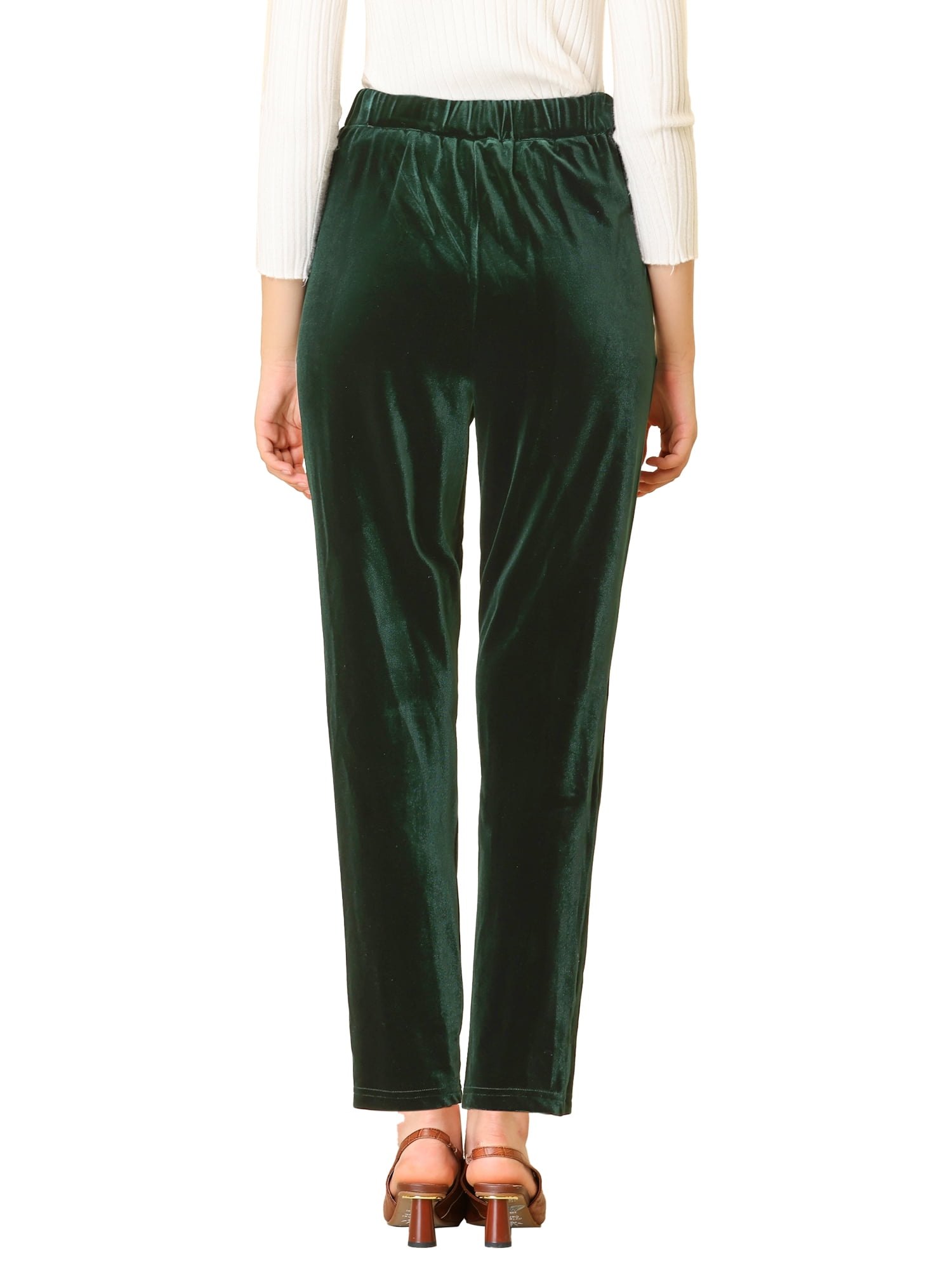 DARING DIVA Women's Elegant Velvet High Waist Trousers Work Pants L Deep Green