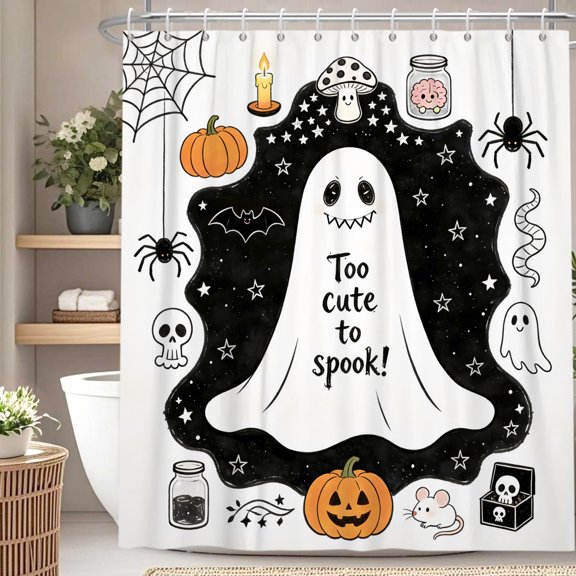 Nanqianyi Halloween Shower Curtain,Polyester Fabric Waterproof Bathroom Curtain,36 x 72 Inch, with Hooks,Pumpkin Cute Ghost Spider Bat
