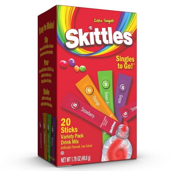 Skittles Zero Sugar Variety Pack Singles-to-Go Powdered Drink Mix, Original, 20 Count Packets