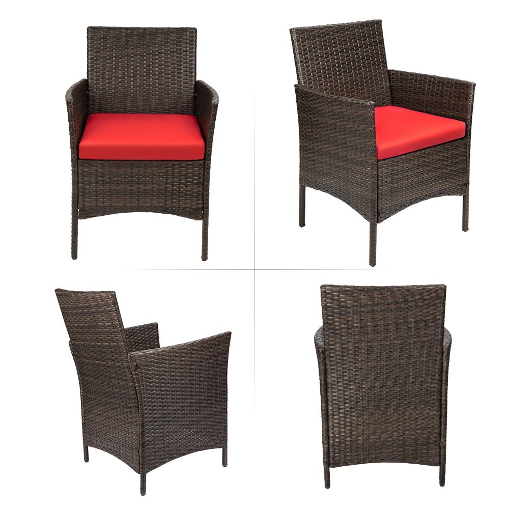 Lacoo 3 Pcs 2 Seater Outdoor Patio Furniture PE Rattan Wicker Table and Chairs Set with Cushioned Tempered Glass (Brown/Red) - image 2 of 6