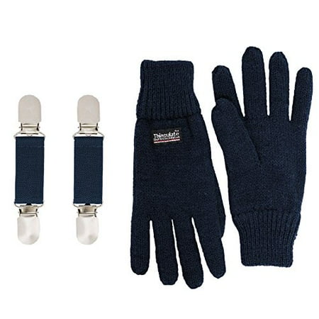 SANREMO Unisex Kids Knitted Fleece Lined Warm Winter Gloves and Glove Clips set (7-14, Navy)