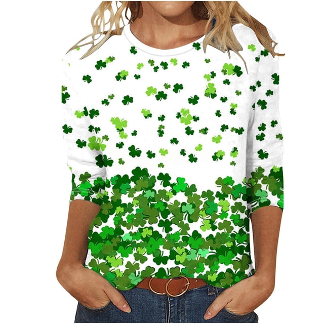 lcziwo T-Shirts de la Saint-Patrick pour Femmes Imprimé Vert Top Graphique Trèfle Irlandais Manches 3/4 Tops Printemps 2024 Blouses Col Rond Tunique Chanceuse T-Shirt Grande Taille,S-5TG m