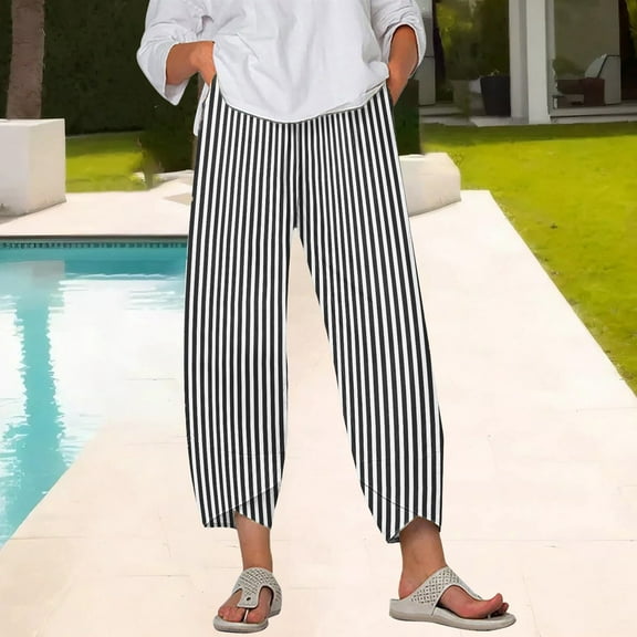 Yubnlvae Women's Elastic Waist Wide-Leg Trousers - Breathable Summer Pants for Office Or Casual, Women's Cropped Wide Leg Culottes Stylish Loose Fit Office Travel Summer Pants, Black, L