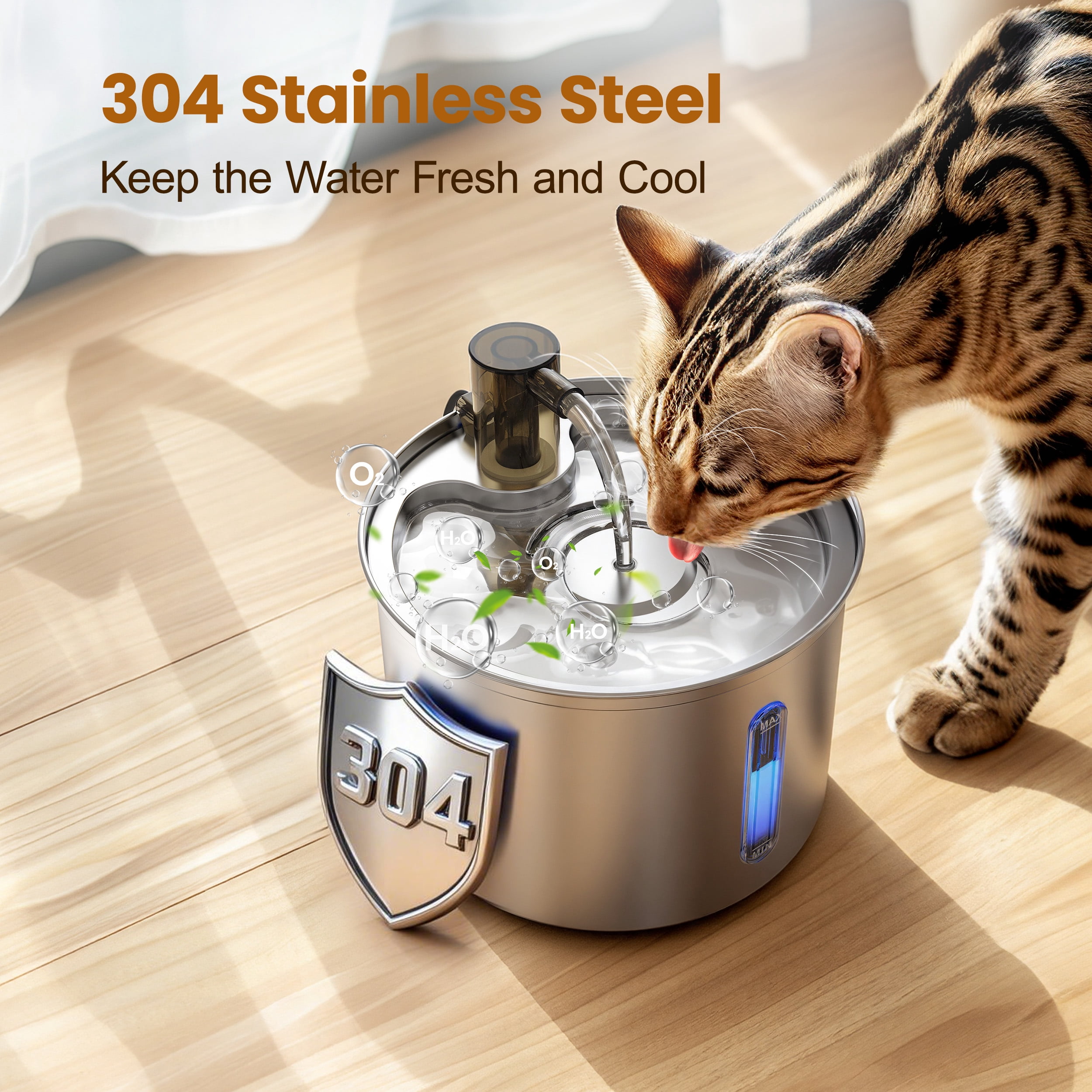 Oneisall PWF-002 Cat Water Fountain Stainless Steel 304, 3L/101oz Cats Love Water Fountains for Cats Indoor, Low Noise Cat Fountains for Drinking, Silver