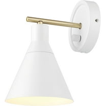 1-Light Dimmable Plug-in or Hardwire Wall Sconce, Matte White, Brass Accent, Stepless Dimming Rotary Switch on Canopy, White Fabric Cord, Wall Lighting, Bulb Not Included