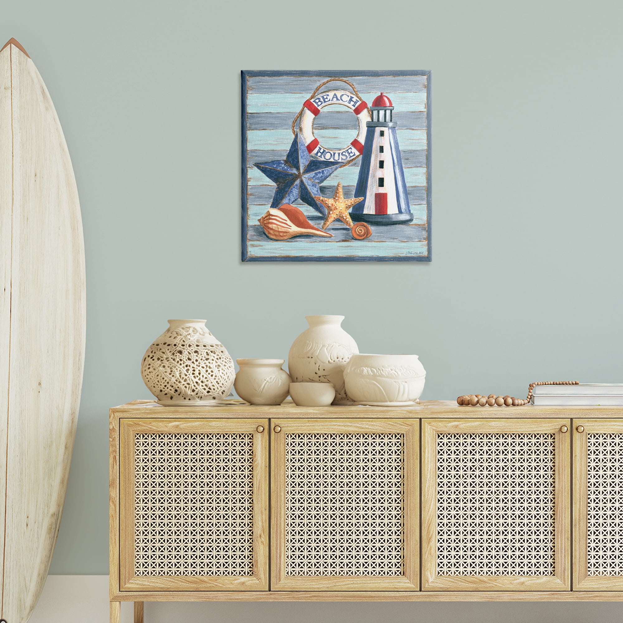 Stupell Industries Rustic Beach House on Stripes Nautical & Beach Painting Wrapped Canvas Art Print Wall Art, 30 x 30