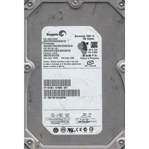 ST3750640AS, 3QD, AMK, PN 9BJ148-621, FW 3.AHG, Seagate 750GB SATA 3.5 Hard Drive