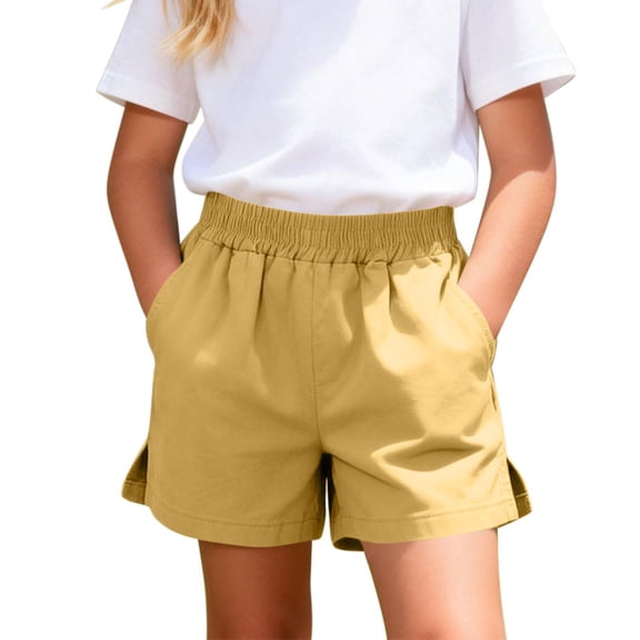 Amidoa Elastic Waist Girl Shorts Solid Color Casual Summer Baggy Shorts,Yellow,5 Years