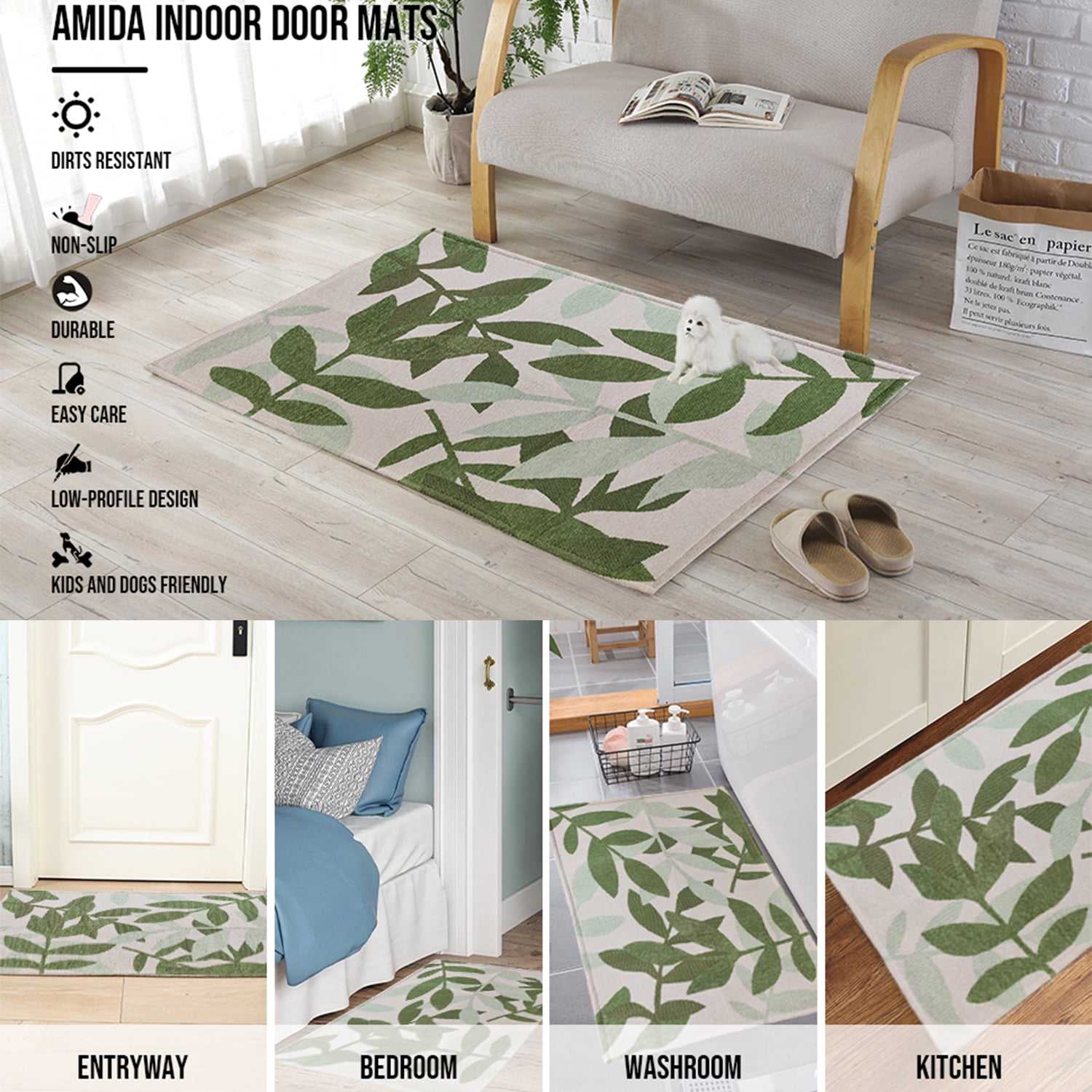 AMIDA Indoor Doormat 24x36 Green Leaves Durable Absorbent Door Mats  Indoor Rug Machine Washable Low-Profile Inside Door Mat for Entryway 