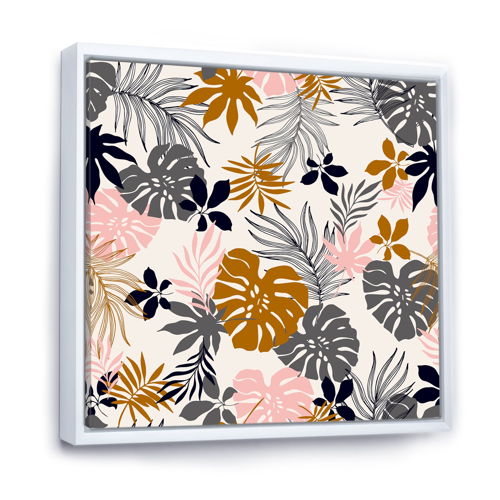 Designart 'Tropical Naturepalm Monstera Leaves In Silhouette On White' Traditional Framed Canvas Wall Art Print