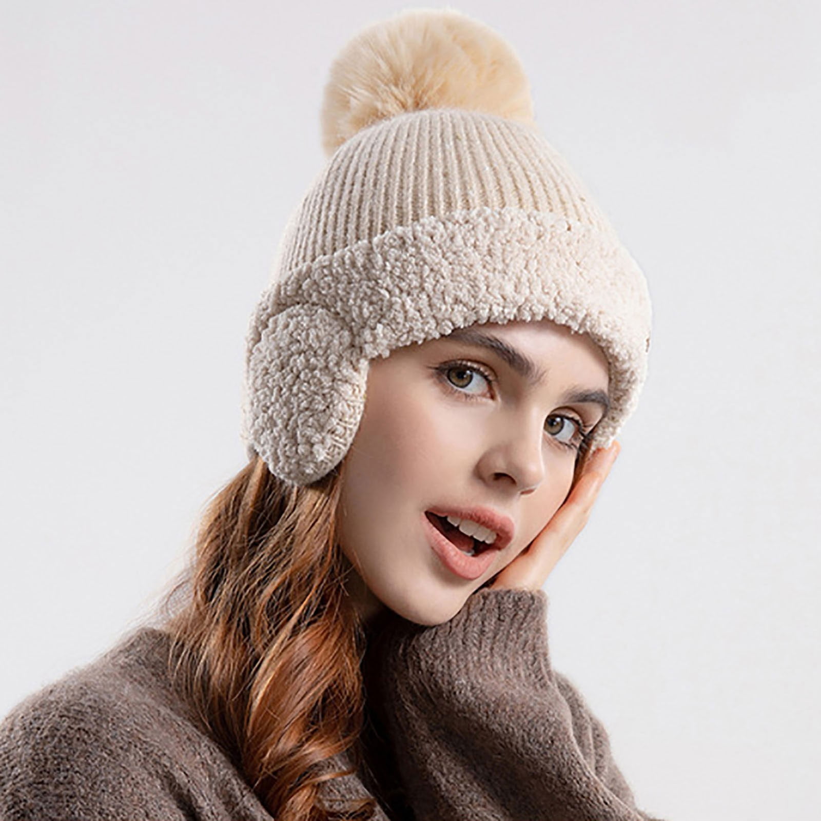 Women Faux Fur Knit Bobble Beanie Hat Cute Pom Pom Ball Cossack Ski Warm  Winter